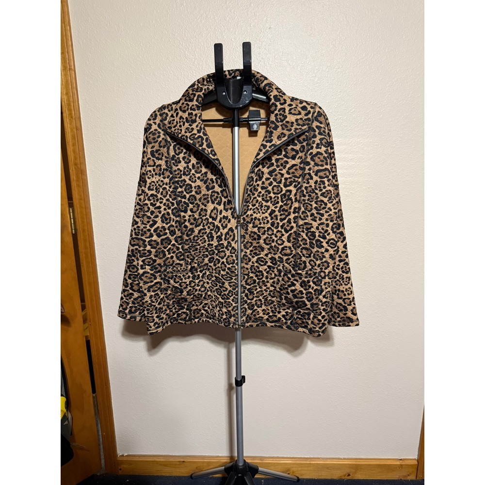 Ruby Rd Petite Leopard Print Quilted Zip Up Jacket Brown Black Animal‎ Print PXL